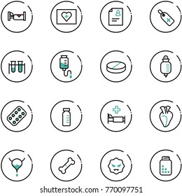 line vector icon set - hotel vector, first aid kit, patient card, medical label, vial, drop counter, pill, pills blister, hospital bed, heart, bladder, broken bone, virus, bottle