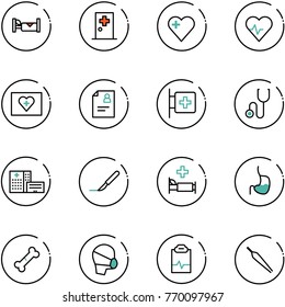 line vector icon set - hotel vector, first aid room, heart, pulse, kit, patient card, stethoscope, hospital building, scalpel, bed, stomach, broken bone, medical mask, clipboard, forceps