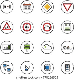 line vector icon set - hotel vector, schedule, main road sign, giving way, children, limited height, distance, save, statistics, signpost, cloud, swimming, data exchange, satellite antenna, cpu