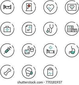 line vector icon set - hotel vector, first aid room, heart pulse, kit, doctor bag, patient card, stethoscope, hospital building, syringe, tonometer, bed, stomach, broken bone, medical mask