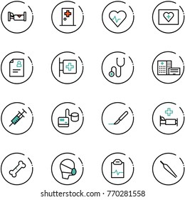 line vector icon set - hotel vector, first aid room, heart pulse, kit, patient card, stethoscope, hospital building, syringe, tonometer, scalpel, bed, broken bone, medical mask, clipboard, forceps