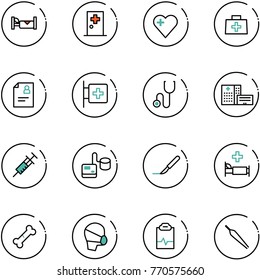 line vector icon set - hotel vector, first aid room, heart, doctor bag, patient card, stethoscope, hospital building, syringe, tonometer, scalpel, bed, broken bone, medical mask, pulse clipboard