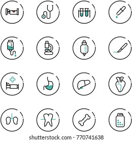 line vector icon set - hotel vector, stethoscope, vial, pipette, drop counter, lab, scalpel, hospital bed, stomach, liver, heart, lungs, tooth, broken bone, pills bottle