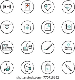 line vector icon set - hotel vector, first aid room, heart, pulse, kit, doctor bag, patient card, hospital building, tonometer, scalpel, bed, stomach, medical mask, clipboard, forceps