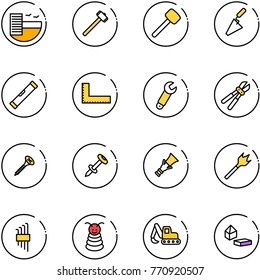 line vector icon set - hotel vector, sledgehammer, rubber hammer, trowel, level, corner ruler, wrench, bolt cutter, screw, nail dowel, wood drill, allen key set, pyramid toy, excavator