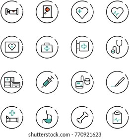 line vector icon set - hotel vector, first aid room, heart, pulse, kit, doctor bag, stethoscope, hospital building, syringe, tonometer, scalpel, bed, stomach, broken bone, clipboard