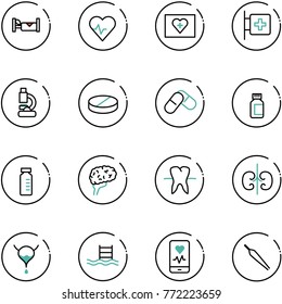 line vector icon set - hotel vector, heart pulse, first aid kit, room, lab, pill, pills, bottle, vial, brain, tooth, kidneys, bladder, pool, mobile monitor, forceps