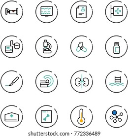 line vector icon set - hotel vector, diagnostic monitor, patient card, first aid room, tonometer, lab, pills, bottle, scalpel, mri, kidneys, pool, doctor hat, x ray, thermometer, molecule