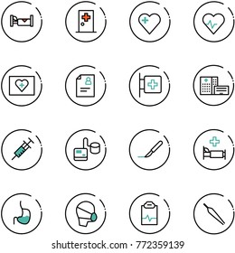 line vector icon set - hotel vector, first aid room, heart, pulse, kit, patient card, hospital building, syringe, tonometer, scalpel, bed, stomach, medical mask, clipboard, forceps