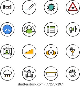 line vector icon set - hotel vector, scalpel, sun, cow road sign, detour, group, menu, megaphone, tv news, stairs, dollar growth, drink, rain cloud, robot, basin, beanbag