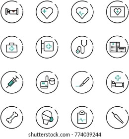 line vector icon set - hotel vector, heart, pulse, first aid kit, doctor bag, room, stethoscope, hospital building, syringe, tonometer, scalpel, bed, broken bone, medical mask, clipboard, forceps