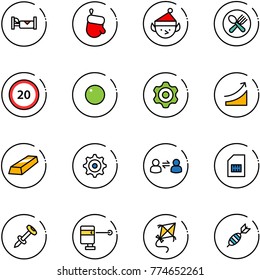 line vector icon set - hotel vector, christmas glove, elf, fork spoon plate, speed limit 20 road sign, record, gear, rise, gold, information exchange, sim, nail dowel, laser lever, kite, dart