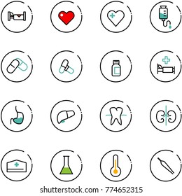 line vector icon set - hotel vector, heart, drop counter, pills, bottle, hospital bed, stomach, liver, tooth, kidneys, doctor hat, flask, thermometer, forceps