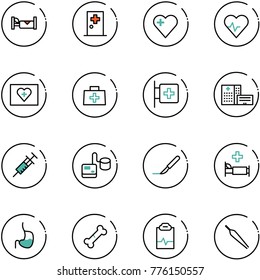 line vector icon set - hotel vector, first aid room, heart, pulse, kit, doctor bag, hospital building, syringe, tonometer, scalpel, bed, stomach, broken bone, clipboard, forceps