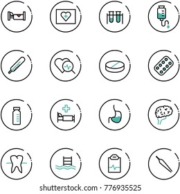 line vector icon set - hotel vector, first aid kit, vial, drop counter, thermometer, heart diagnosis, pill, pills blister, hospital bed, stomach, brain, tooth, pool, pulse clipboard, forceps