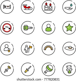 line vector icon set - hotel vector, sleigh, candle, drop hand, limited distance road sign, key, user, star, winner, win, rainbow, woman hat, nail dowel, clinch, beanbag, bear toy