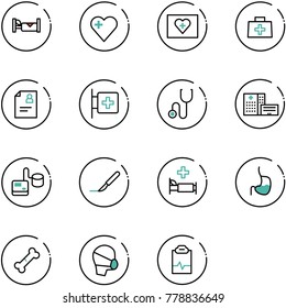 line vector icon set - hotel vector, heart, first aid kit, doctor bag, patient card, room, stethoscope, hospital building, tonometer, scalpel, bed, stomach, broken bone, medical mask