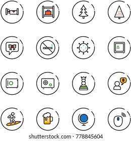 line vector icon set - hotel vector, baggage room, christmas tree, bow message, no smoking sign, virus, safe, chess queen, money dialog, surfing, beer, globe, mouse wireless
