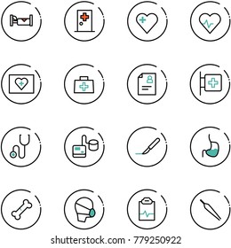 line vector icon set - hotel vector, first aid room, heart, pulse, kit, doctor bag, patient card, stethoscope, tonometer, scalpel, stomach, broken bone, medical mask, clipboard, forceps