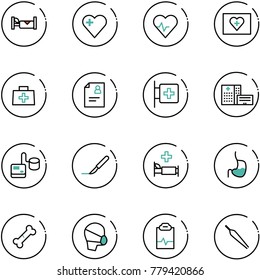 line vector icon set - hotel vector, heart, pulse, first aid kit, doctor bag, patient card, room, hospital building, tonometer, scalpel, bed, stomach, broken bone, medical mask, clipboard, forceps