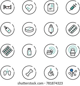 line vector icon set - hotel vector, heart pulse, patient card, syringe, medical label, pill, drop counter, pills blister, bottle, mri, lungs, broken bone, disabled, molecule