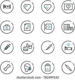 line vector icon set - hotel vector, heart, pulse, first aid kit, doctor bag, patient card, room, hospital building, syringe, tonometer, scalpel, bed, broken bone, medical mask, clipboard, forceps