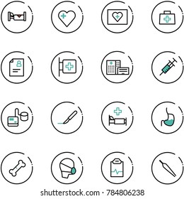 line vector icon set - hotel vector, heart, first aid kit, doctor bag, patient card, room, hospital building, syringe, tonometer, scalpel, bed, stomach, broken bone, medical mask, pulse clipboard