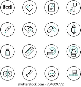 line vector icon set - hotel vector, heart, patient card, stethoscope, pipette, diagnosis, pills, drop counter, bottle, medical patch, mri, kidneys, broken bone, virus, pool
