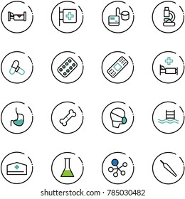 line vector icon set - hotel vector, first aid room, tonometer, lab, pills, blister, medical patch, hospital bed, stomach, broken bone, mask, pool, doctor hat, flask, molecule, forceps