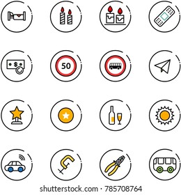 line vector icon set - hotel vector, candle, medical patch, cash, speed limit 50 road sign, no bus, paper fly, award, star medal, wine, sun, car wireless, clamp, pliers, toy