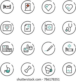 line vector icon set - hotel vector, first aid room, heart, pulse, kit, patient card, stethoscope, hospital building, tonometer, scalpel, bed, stomach, broken bone, medical mask, clipboard