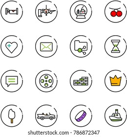 line vector icon set - hotel vector, boarding passengers, snowball house, rowanberry, heart, mail, shared folder, sand clock, chat, film coil, brick wall, crown, ice cream, cabrio, tambourine