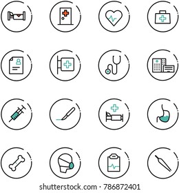 line vector icon set - hotel vector, first aid room, heart pulse, doctor bag, patient card, stethoscope, hospital building, syringe, scalpel, bed, stomach, broken bone, medical mask, clipboard