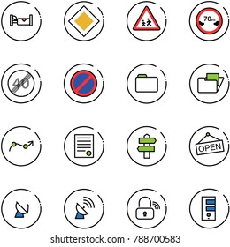 line vector icon set - hotel vector, main road sign, children, limited distance, end speed limit, no parking, folder, chart point arrow, agreement, signpost, open, satellite antenna, wireless lock