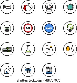 line vector icon set - hotel vector, gloves, snowball house, sun, coin, speed limit 60 road sign, bus, globe, brick wall, chess queen, opportunity, forest, wireless home, fingerprint scanner