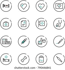 line vector icon set - hotel vector, heart, pulse, first aid kit, doctor bag, patient card, room, stethoscope, hospital building, syringe, tonometer, scalpel, bed, broken bone, clipboard, forceps