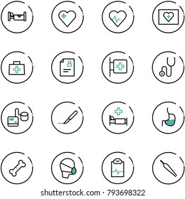 line vector icon set - hotel vector, heart, pulse, first aid kit, doctor bag, patient card, room, stethoscope, tonometer, scalpel, hospital bed, stomach, broken bone, medical mask, clipboard