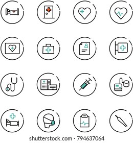 line vector icon set - hotel vector, first aid room, heart, pulse, kit, doctor bag, patient card, stethoscope, hospital building, syringe, tonometer, bed, medical mask, clipboard, forceps
