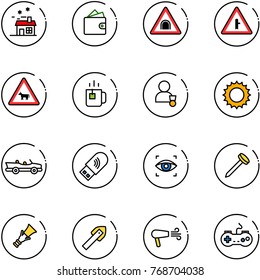 line vector icon set - house vector, wallet, tunnel road sign, intersection, cow, green tea, winner, sun, cabrio, usb wi fi, eye scanner, nail, dowel, tile drill, dryer, gamepad