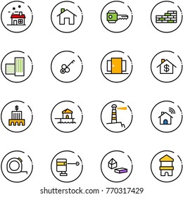 line vector icon set - house vector, home, key, brick wall, building, doors, dollar, bank, bungalow, lighthouse, wireless, measuring tape, laser lever, constructor blocks, toy block