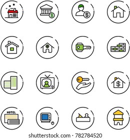 line vector icon set - house vector, account, home, key, brick wall, building, tv news, hand, dollar, sea hotel, monoblock pc, jointer, toy block