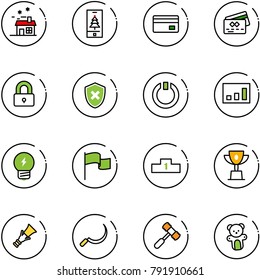 line vector icon set - house vector, christmas mobile, credit card, locked, shield cross, standby, statistics, idea, flag, pedestal, win cup, dowel, sickle, toy hammer, bear
