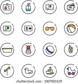 line vector icon set - identity vector, liquid soap, credit card, sunglasses, ball, basin, pyramid toy, phone, windmill, duck, boat