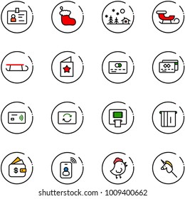line vector icon set - identity vector, christmas sock, landscape, sleigh, star postcard, credit card, tap pay, exchange, atm, finance management, chicken toy, unicorn stick