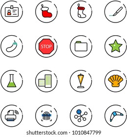 line vector icon set - identity vector, christmas sock, scalpel, eggplant, stop road sign, folder, star, flask, building, pennant, shell, printer wireless, fingerprint scanner, molecule, boomerang