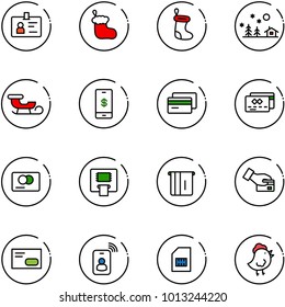 line vector icon set - identity vector, christmas sock, landscape, sleigh, mobile payment, credit card, atm, pay, envelope, sim, chicken toy