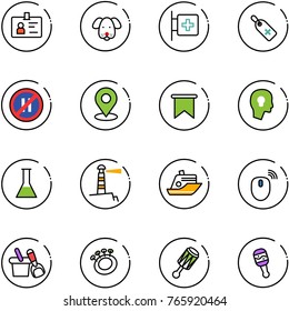 line vector icon set - identity vector, dog, first aid room, medical label, no parking even road sign, map pin, flag, head bulb, flask, lighthouse, cruiser, mouse wireless, shovel bucket, beanbag