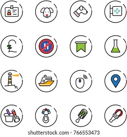 line vector icon set - identity vector, dog, first aid room, pound, no parking even road sign, flag, flask, lighthouse, cruiser, mouse wireless, navigation pin, shovel bucket, beanbag