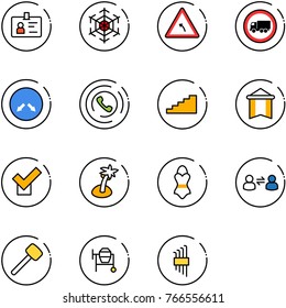 line vector icon set - identity vector, snowflake, turn left road sign, no truck, detour, phone horn, stairs, pennant, check, palm, swimsuit, information exchange, rubber hammer, cocncrete mixer
