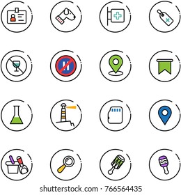 line vector icon set - identity vector, dog, first aid room, medical label, no alcohol sign, parking even road, map pin, flag, flask, lighthouse, micro flash card, navigation, shovel bucket, beanbag